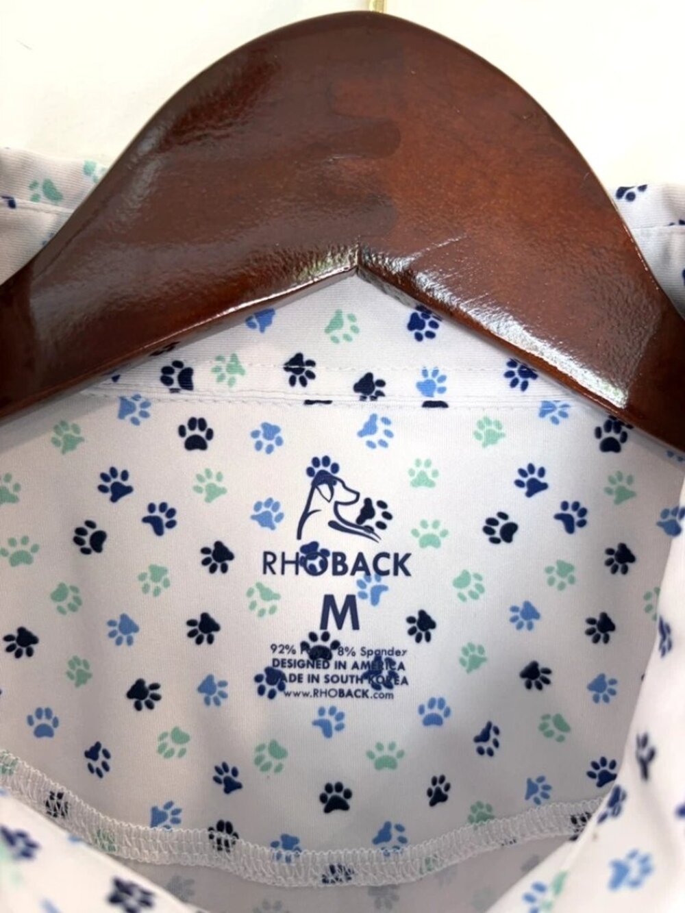 Rhoback Polo Shirt Men's M White Dog Paw Print Barstool Golf Stretch Performance - Picture 6 of 8